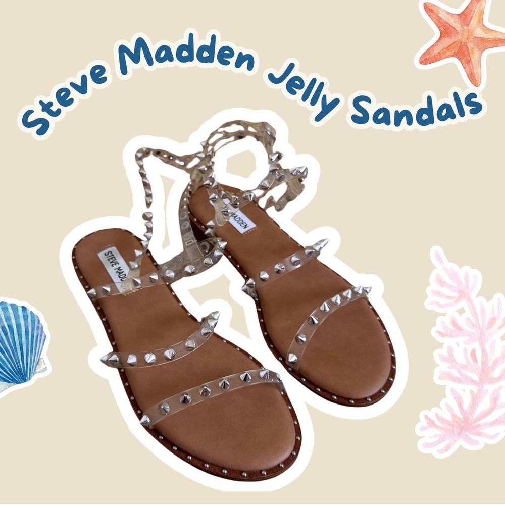 Steve Madden Clear Jelly Sandals with Silver Studs and Chestnut Footbed